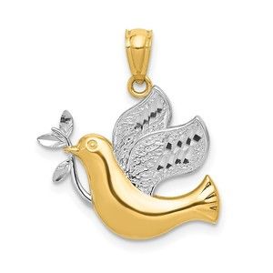 14k Yellow Gold w/Rhodium Peace Dove Necklace Charm Pendant